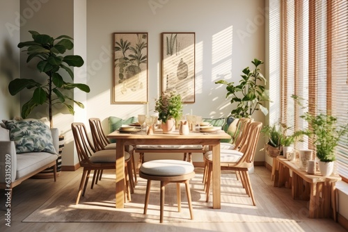 A dining room in a modern home decor style is decorated with a stylish and botanical interior. It features a beautifully crafted wooden table and chairs, adorned with an abundance of vibrant plants © 2rogan