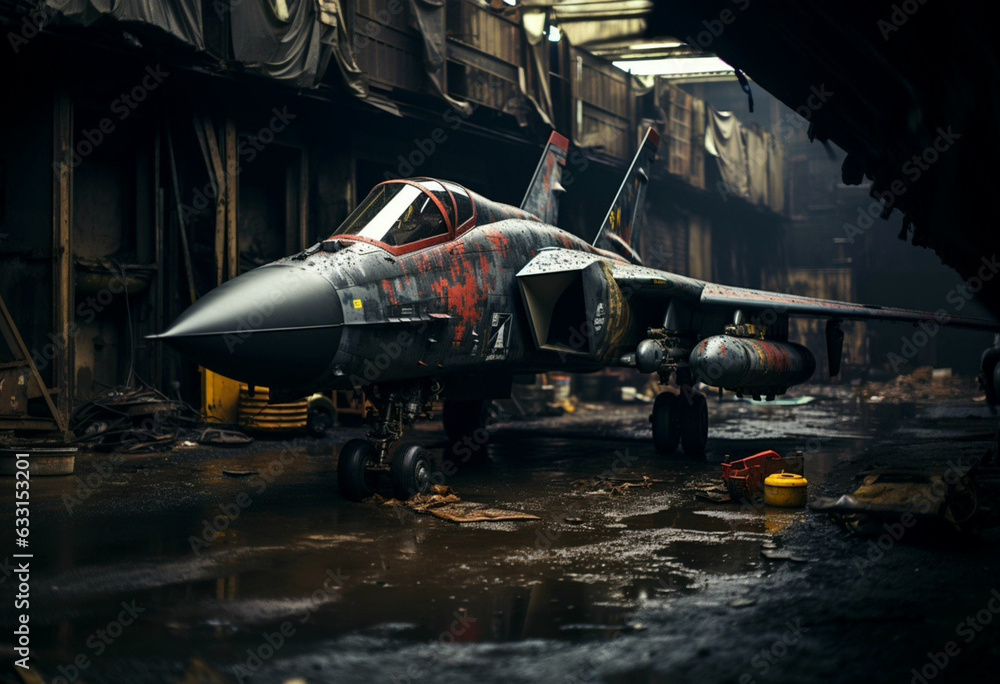 fighter jet parked in an industrial warehouse in the style of realistic still lifes with dramatic lighting