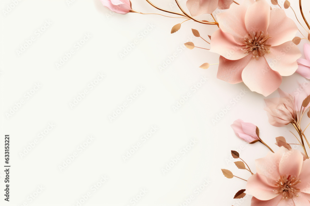 Pink flowers on a white background with space for text. Mother's day greeting card mockup.