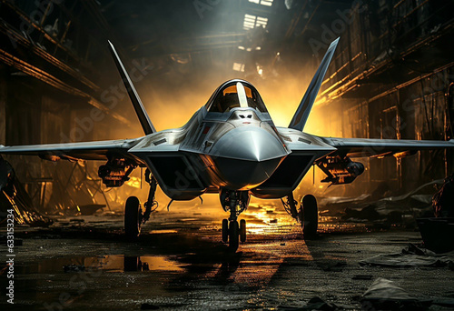 fighter jet parked in an industrial warehouse in the style of realistic still lifes with dramatic lighting