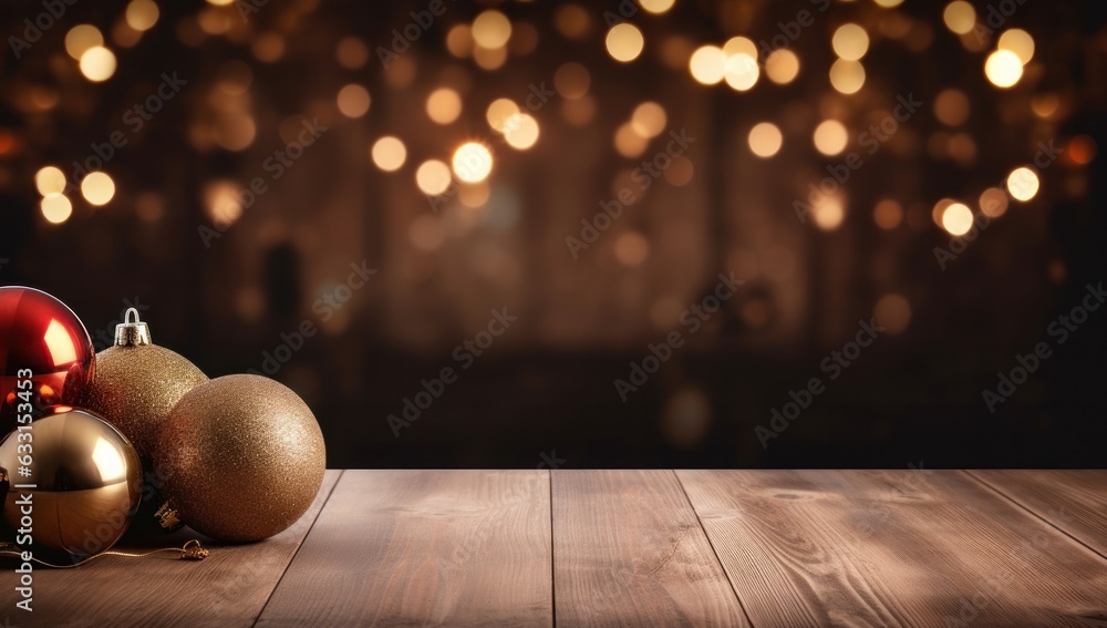 Christmas table with tree decorations and an old wood table background