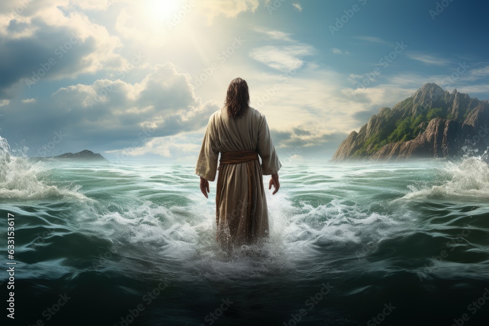 Jesus christ, god walks on water miracle - obrazy, fototapety, plakaty 