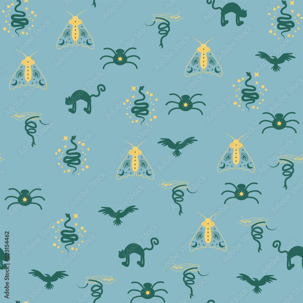 Magic and heaven seamless pattern, with magical elements such as snake, eye. Symbols and elements of the witchcraft theme. Magic and heaven seamless pattern, with magical elements such as snake, eye. Symbols and elements of the witchcraft theme.