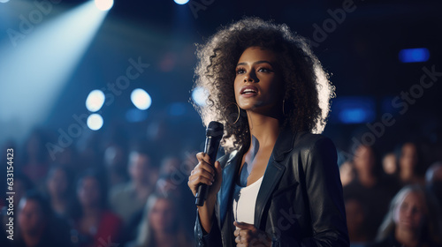 Speaker Woman Performing on Stage and Speaking to Large Audience, Event Professional.