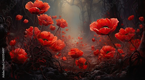 Red poppies in a dark gloomy forest.