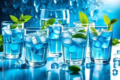 Beautiful nature drink background. Fresh mineral cold water in glasses and ice. Healthy lifestyle. Detox diet