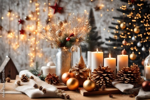 Still life with home Christmas decor in the living room on a wooden table, the concept of celebration and home comfort