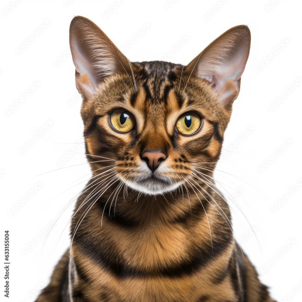 Visibly Sad Toyger Cat with Ears Down on White Background