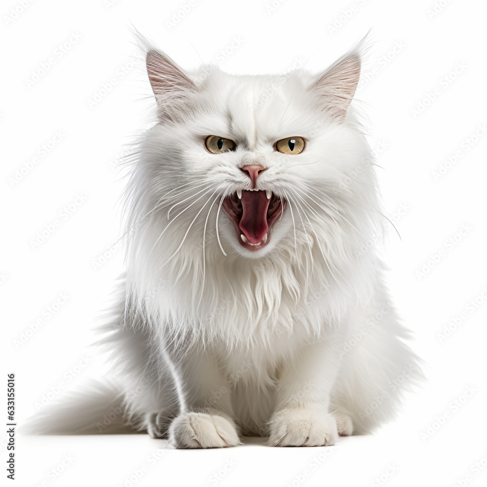 Angry Turkish Angora Cat Hissing Aggressively on White Background