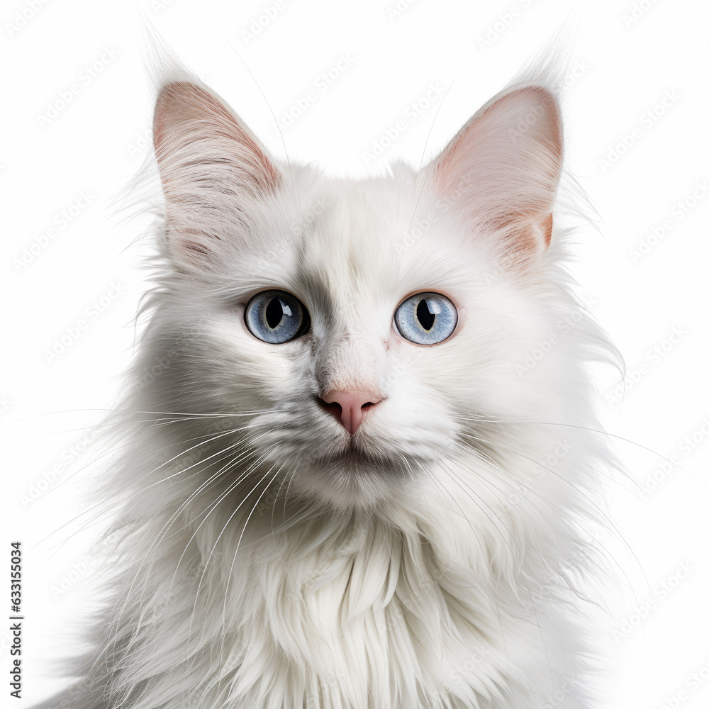 Confused Turkish Angora Cat with Tilted Head on White Background