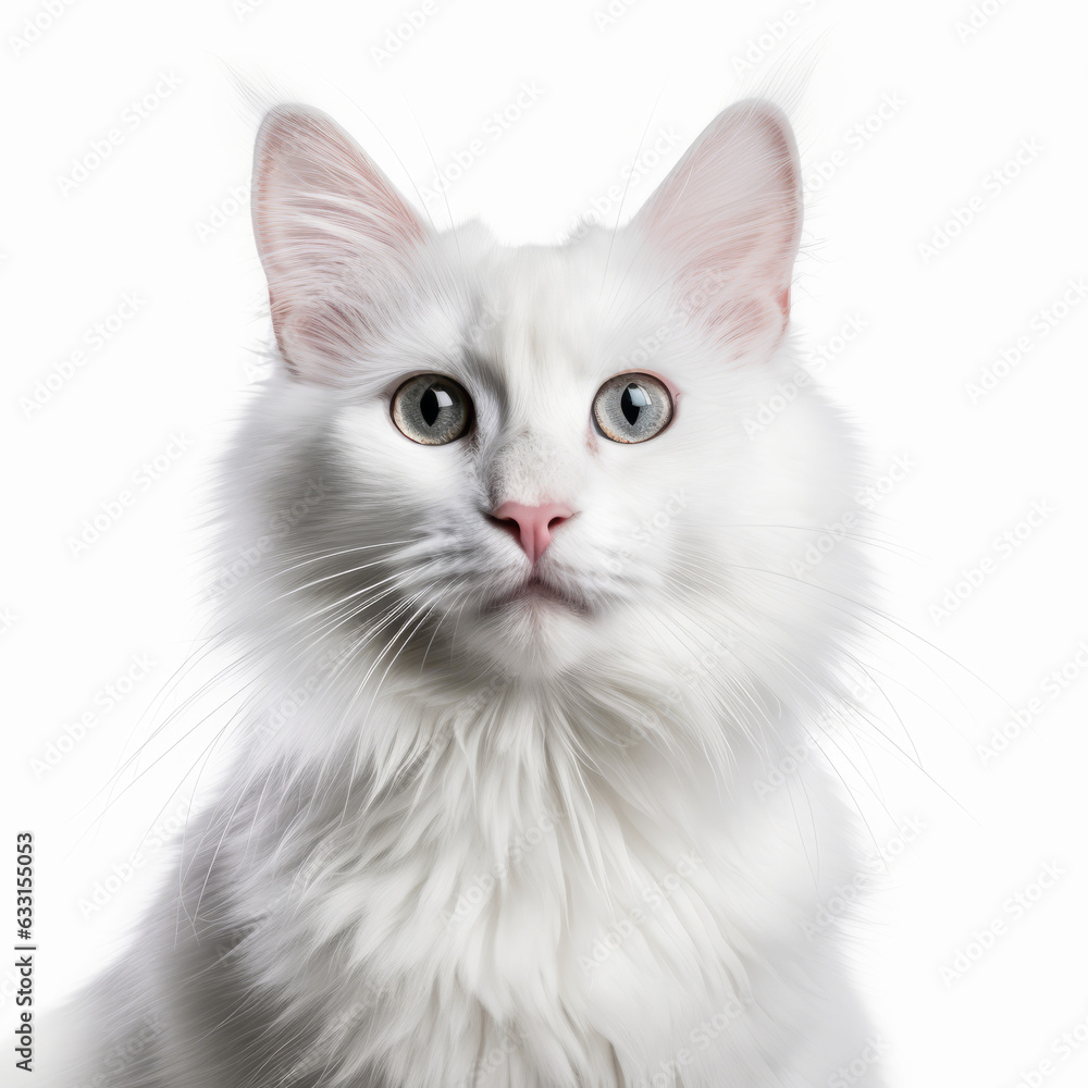 Beautifully Captured Portrait of a Happy Turkish Angora Cat with a White Background