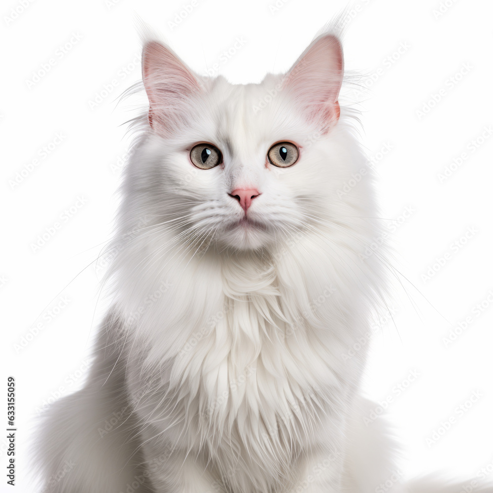 Beautifully Isolated Turkish Angora Cat with a Charming Smile on White Background