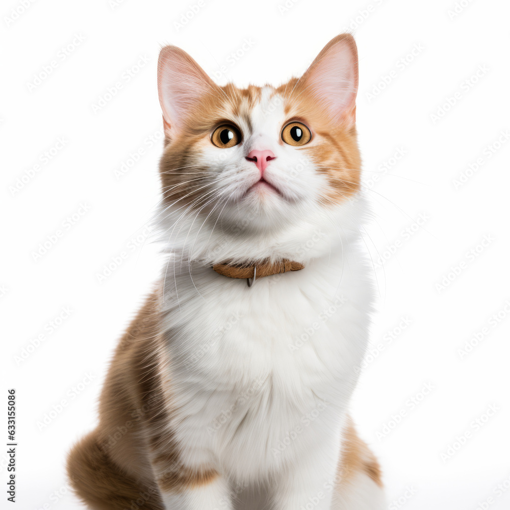 Confused Turkish Van Cat with Tilted Head on White Background