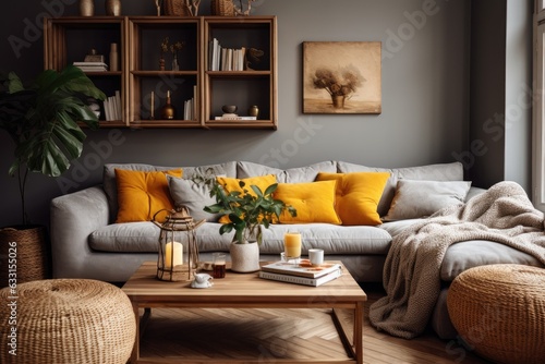 The living room interior has a contemporary bohemian style, featuring a gray sofa, a wooden coffee table, a rattan basket, and sophisticated personal decorative items. The inclusion of honey yellow
