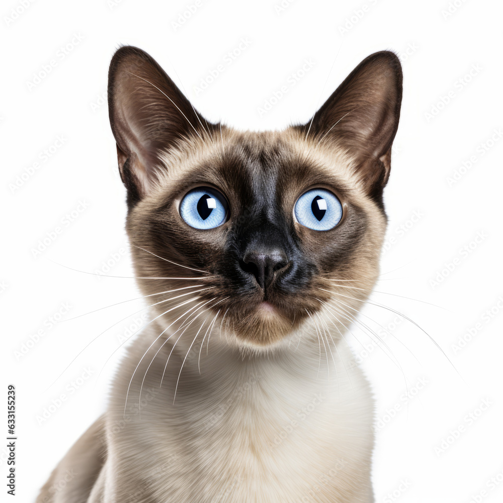 Confused Siamese Cat with Tilted Head on White Background
