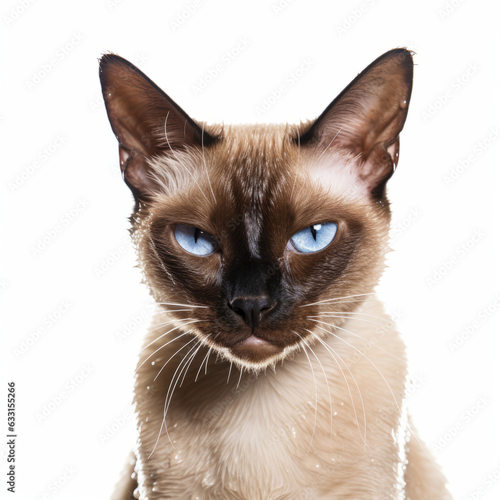 Visibly Sad Siamese Cat with Ears Down on White Background