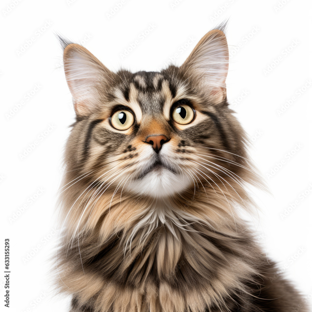 Confused Siberian Cat with Tilted Head on White Background