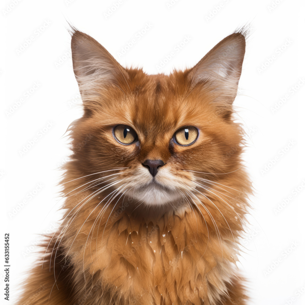 Fototapeta premium Visibly Sad Somali Cat with Ears Down on White Background - Isolated Image