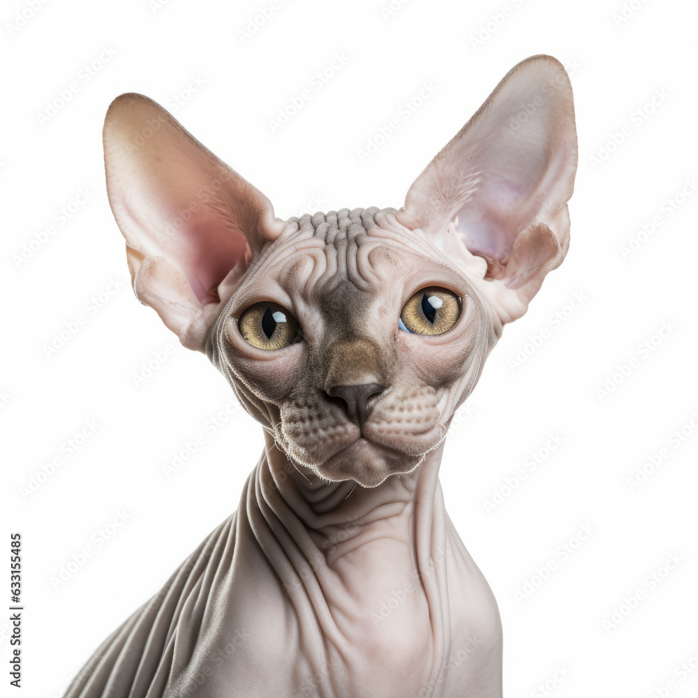 Confused Sphynx Cat with Tilted Head on White Background