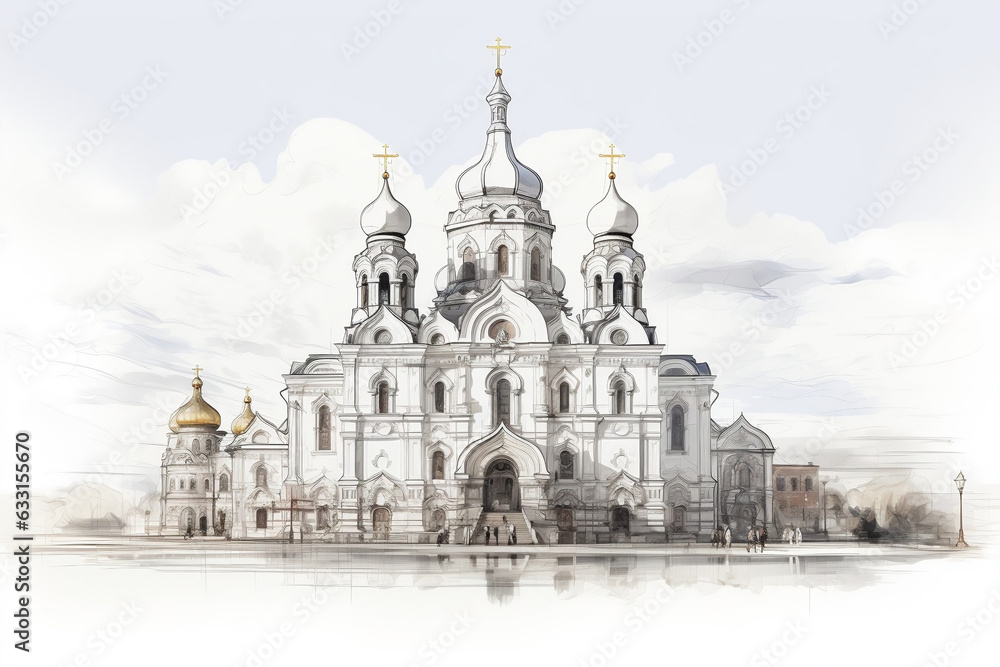 Majestic Orthodox Christian Church, A Sketch Illustration on a Transparent Background