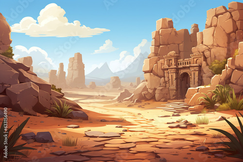 Abstract 2D desert ancient ruins background environment for adventure or battle mobile game. Cartoon style of ancient desert ruins in game art background environment.