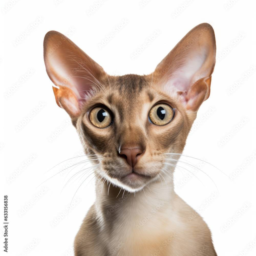Confused Oriental Shorthair Cat with Tilted Head on White Background