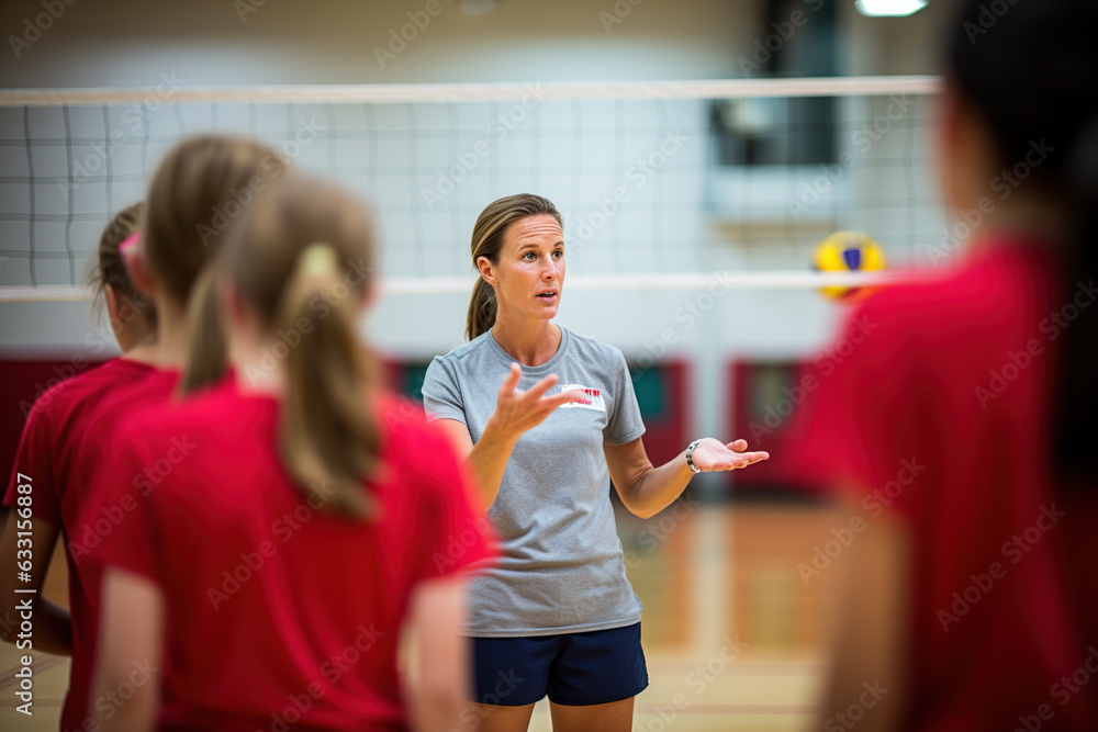 a volleyball coach showing youth players how to serve - obrazy, fototapety, plakaty 