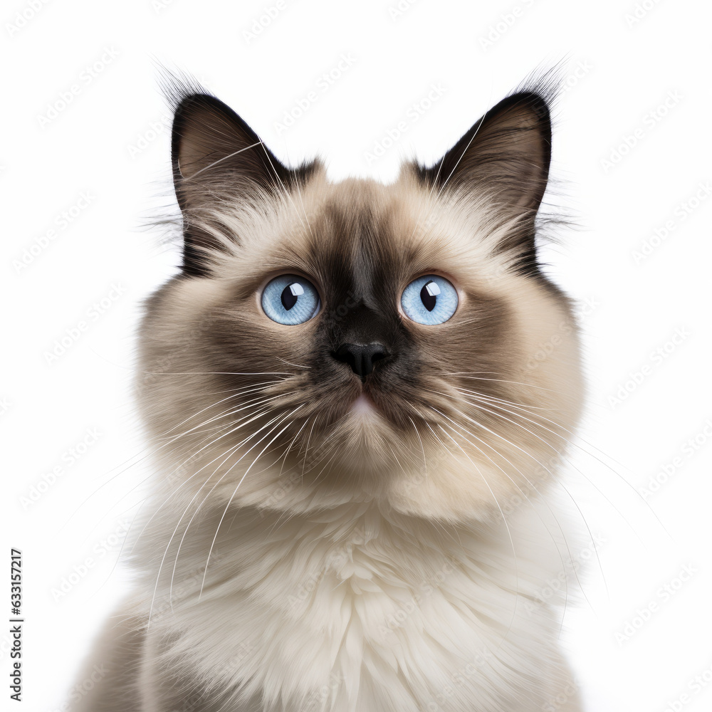 Confused Ragdoll Cat with Tilted Head on White Background