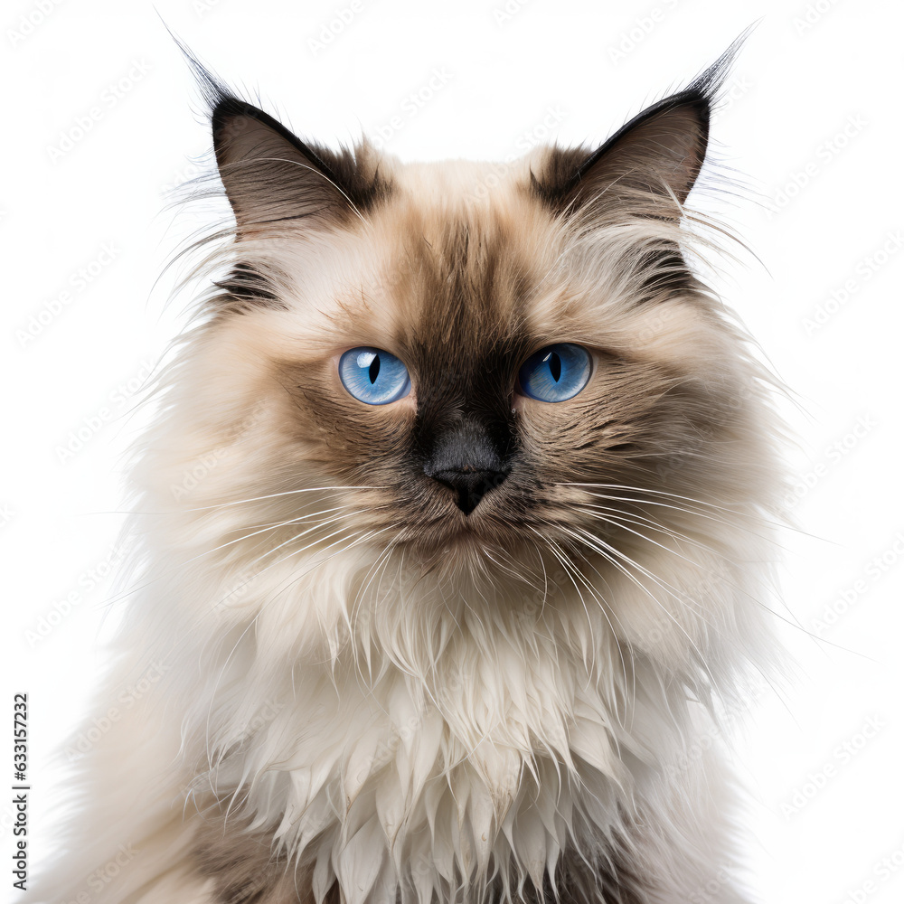 Visibly Sad Ragdoll Cat with Ears Down on White Background