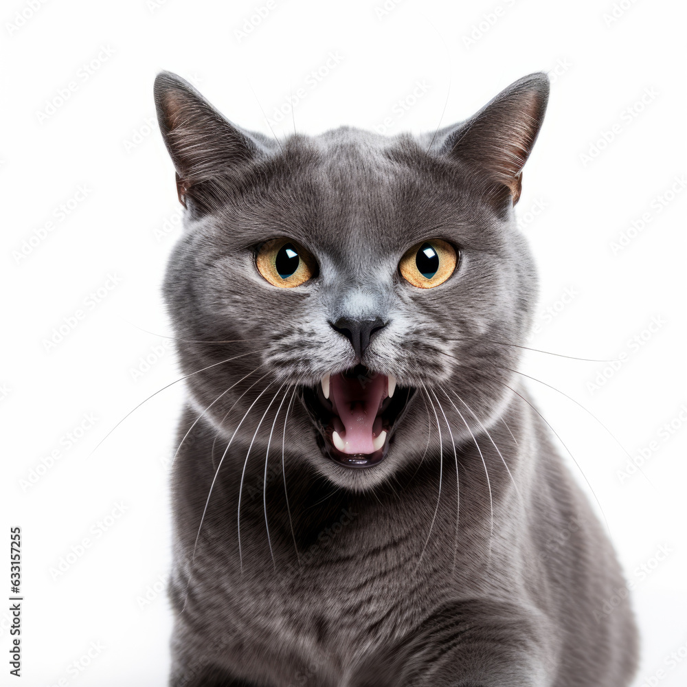 Angry Russian Blue Cat Hissing Aggressively on White Background