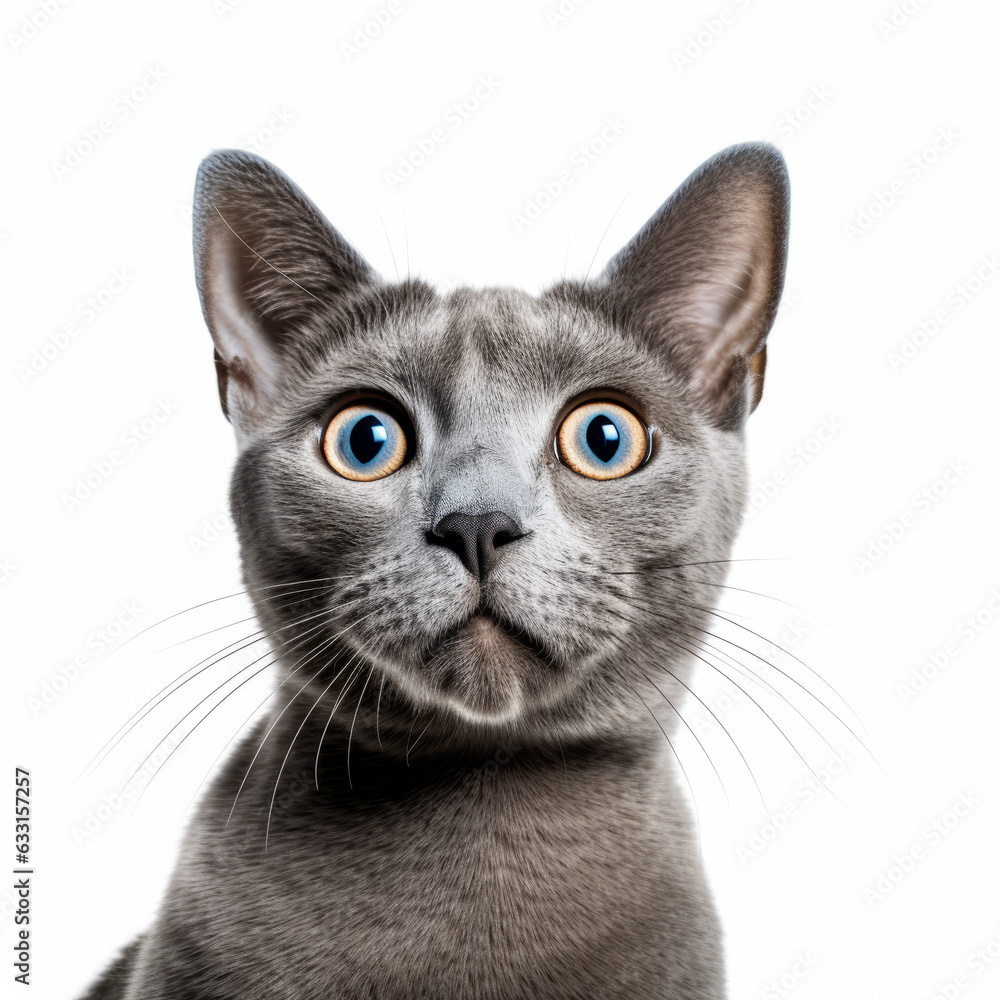 Confused Russian Blue Cat with Tilted Head on White Background