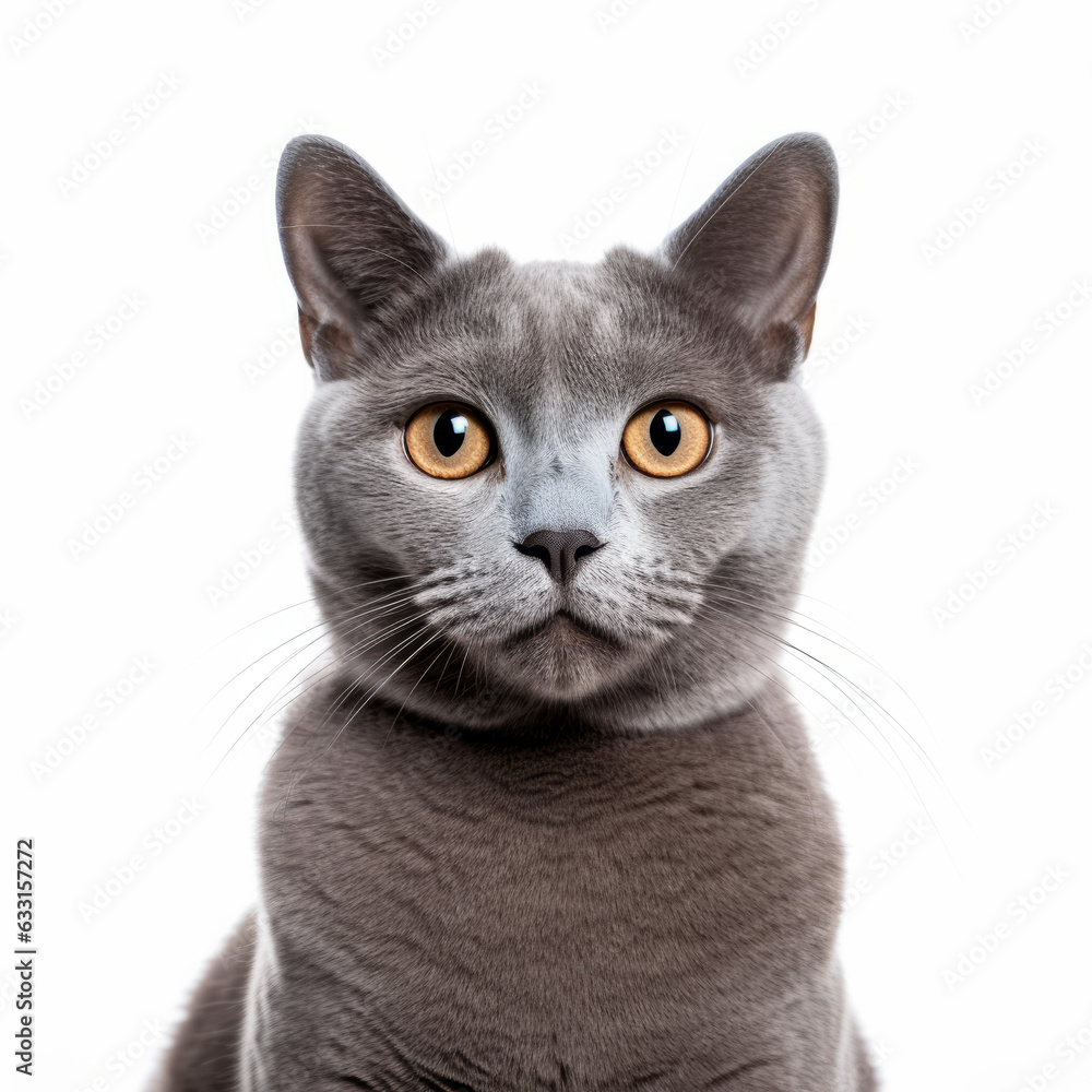 Confused Russian Blue Cat with Tilted Head on White Background Confused Russian Blue Cat with Tilted Head on White Background