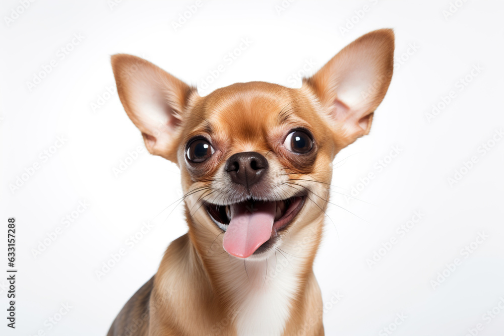 Candid portrait of a smiling, happy, joyful chihuahua dog isolated on a white background