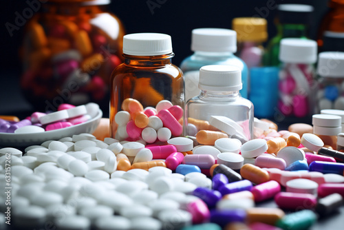 Prescription opioids with many bottles of pills in the background. Concepts of addiction, opioid crisis, overdose and doctor shopping. High quality photo photo