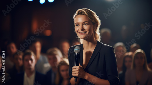 Speaker Woman Performing on Stage and Speaking to Large Audience, Event Professional.