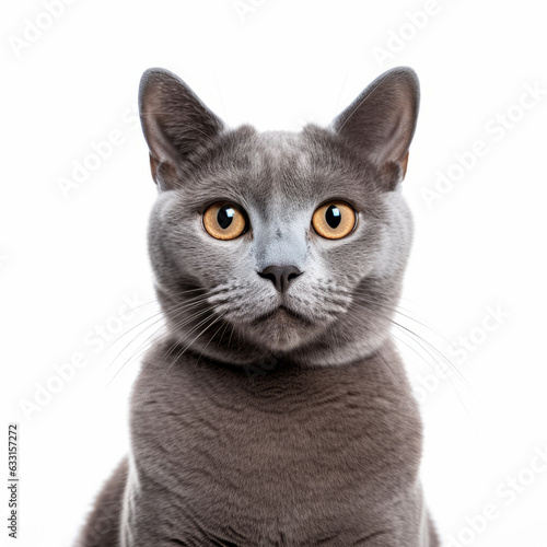 Confused Russian Blue Cat with Tilted Head on White Background