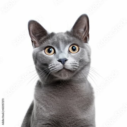 Smiling Russian Blue Cat with White Background - Isolated Portrait Image © bomoge.pl