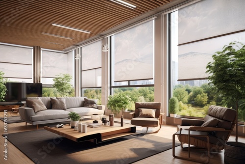 Interior roller blinds are present, with the addition of large sized automated solar shades on the windows. The modern interior space is adorned with wooden decorative panels on the walls, accompanied