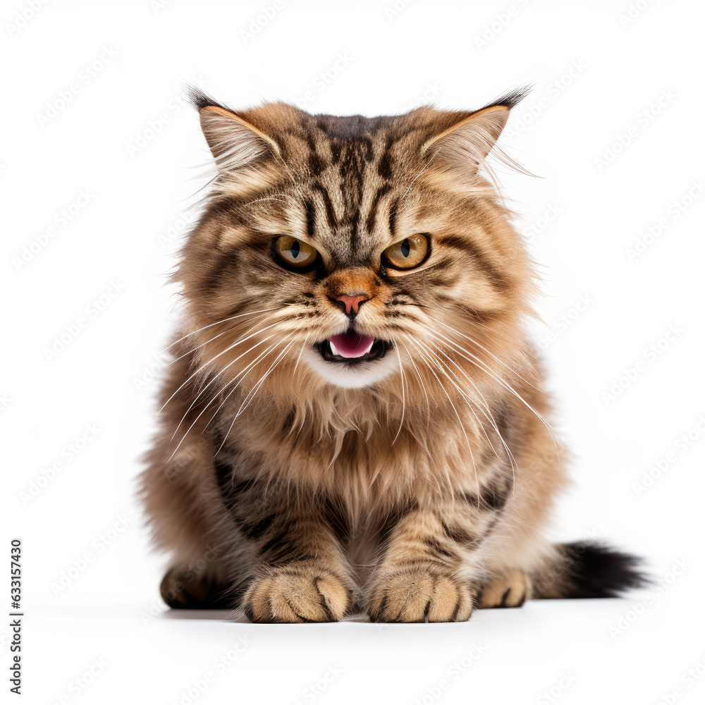 Angry Scottish Straight Cat Hissing Aggressively on White Background