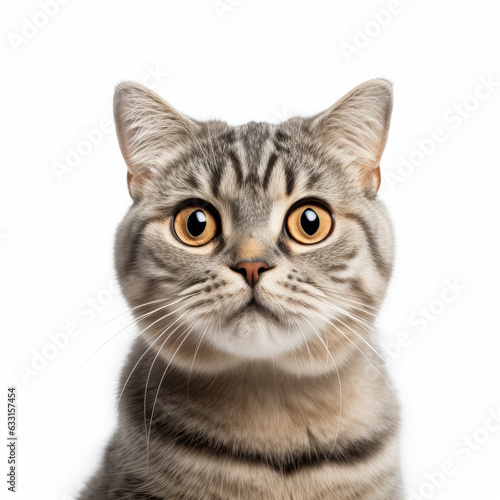 Confused Scottish Straight Cat with Tilted Head on White Background