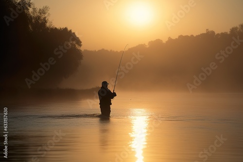A fisherman casting a line in a calm river during sunset