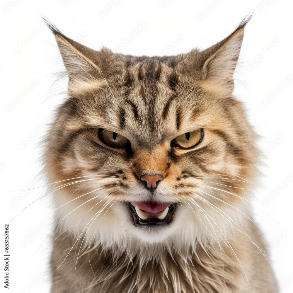 Angry Manx Cat Hissing Aggressively on White Background