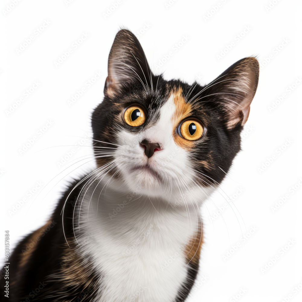 Confused Manx Cat with Tilted Head on White Background
