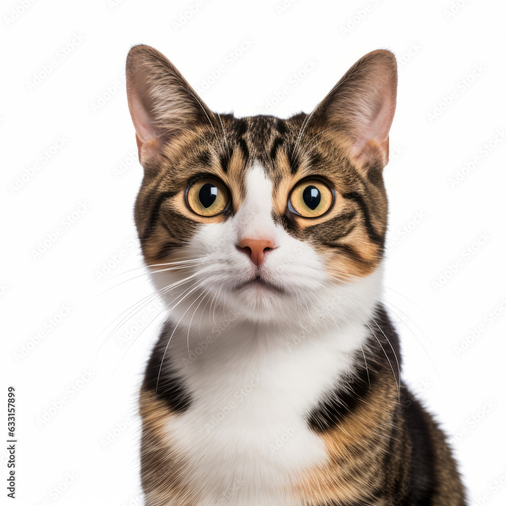 Confused Manx Cat with Tilted Head on White Background