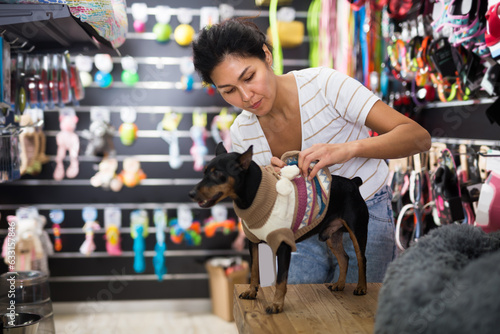 Oriental woman dressing her dog with cozy sweater in pet shop.