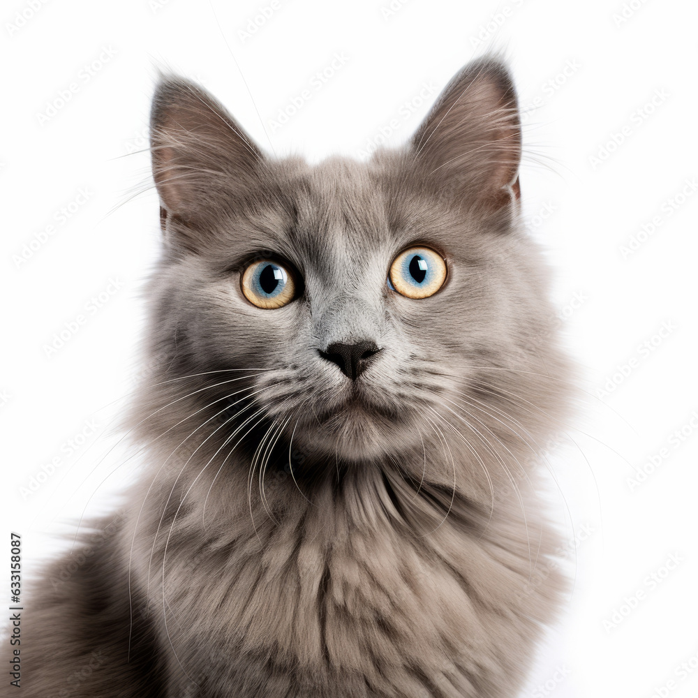 Confused Nebelung Cat with Tilted Head on White Background
