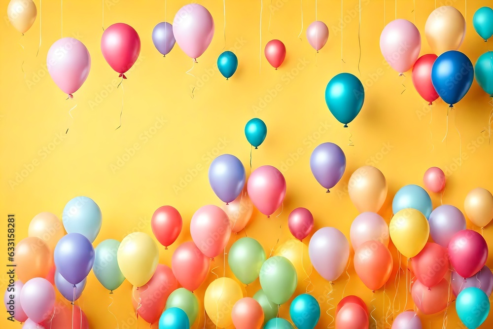 Set of colorful realistic mat helium balloons floating on yellow background. Vector 3D balloons for birthday, party, wedding or promotion banners or posters