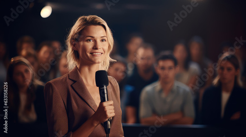 Speaker Woman Performing on Stage and Speaking to Large Audience  Event Professional.