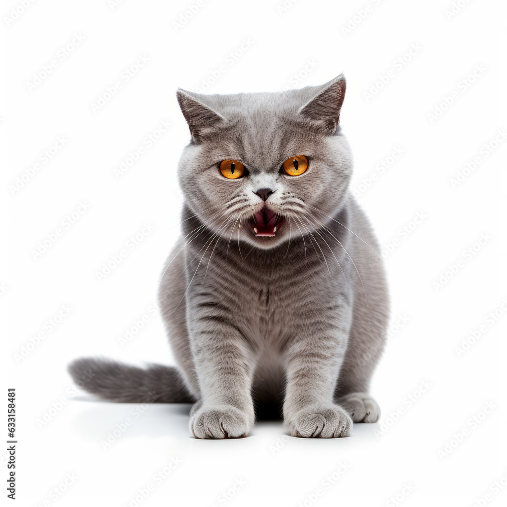 Angry British Shorthair Cat Hissing Aggressively on White Background