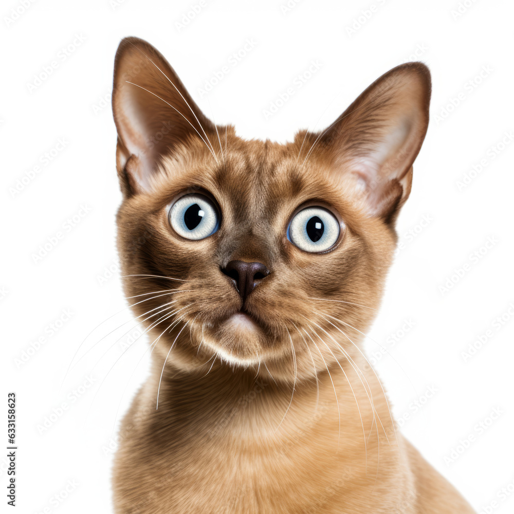 Confused Burmese Cat with Tilted Head on White Background